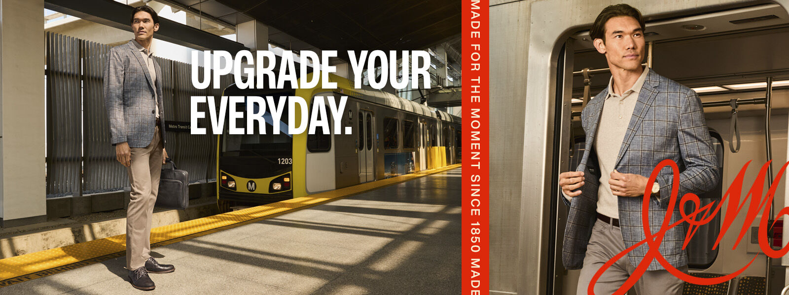 Man wearing a plaid blazer and neutral trousers at a train station, alongside a second image of him wearing the blazer aboard a train. Text reads &lsquo;Upgrade Your Everyday.'